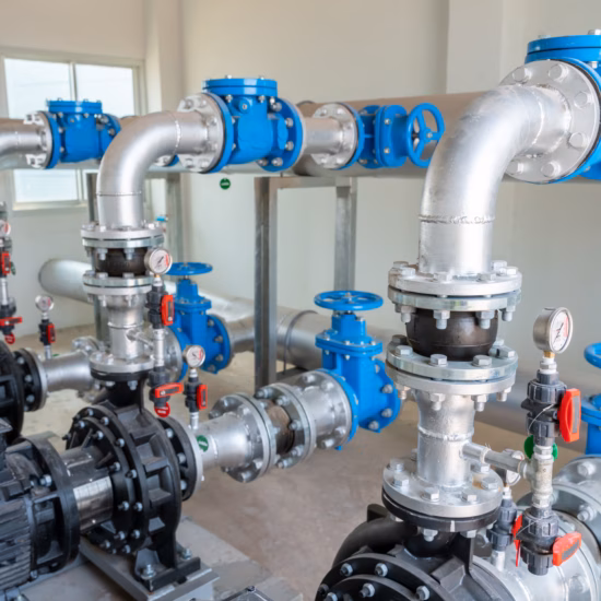 Leidingwerk, afsluiters en pompen in een industriële waterinstallatie voor transport en distributie van water.
