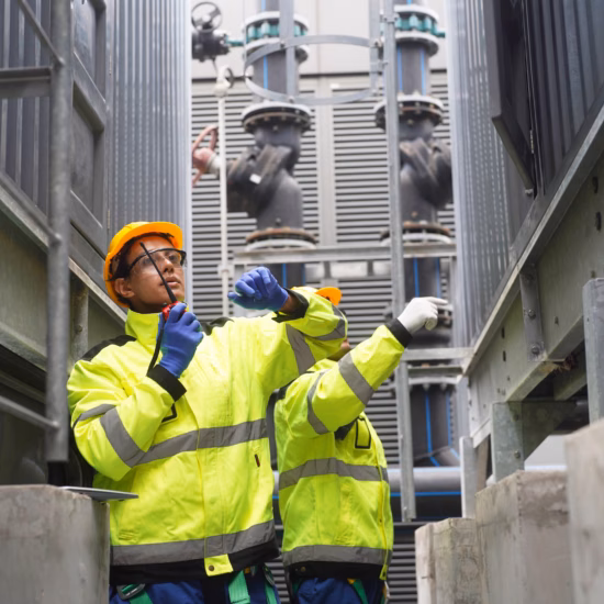 Medewerkers voeren een inspectie uit tussen industriële installaties en leidingsystemen.