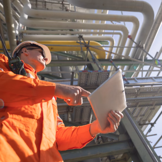 Een technicus voert een inspectie uit bij een industriële installatie met behulp van een tablet.