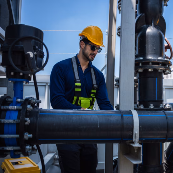 Deux techniciens contrôlent un réseau de canalisations industrielles dans le cadre de travaux d'inspection et de maintenance.