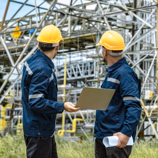 Deux techniciens inspectent une installation industrielle et discutent des travaux à effectuer sur place.