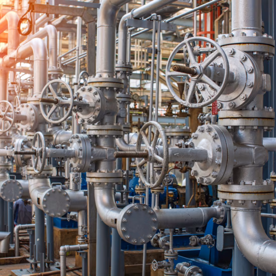 Leidingwerk en afsluiters maken deel uit van een industriële procesinstallatie voor transport en verwerking van vloeistoffen of gassen.