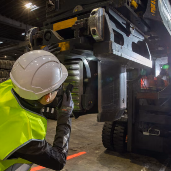 An employee is conducting an inspection of an industrial facility in a production environment.