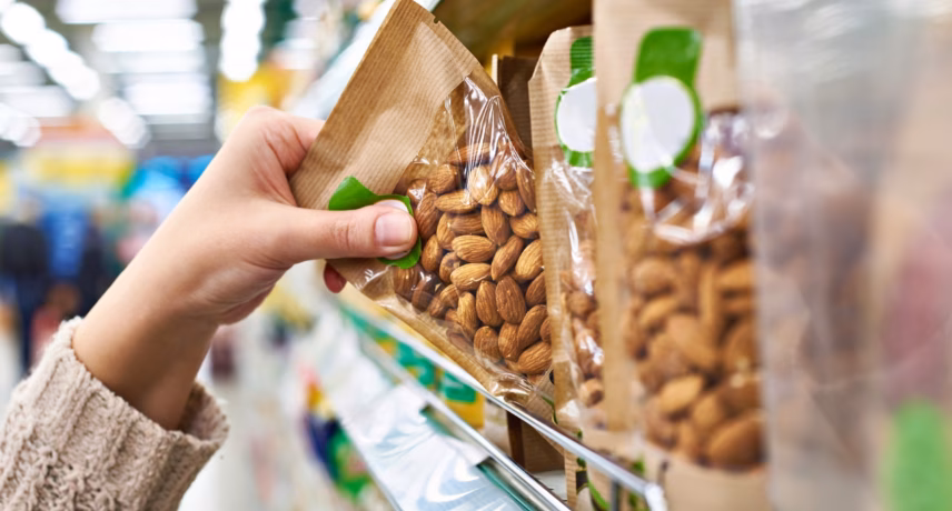A hand picks up a bag of almonds from the store shelf with packaged nuts.