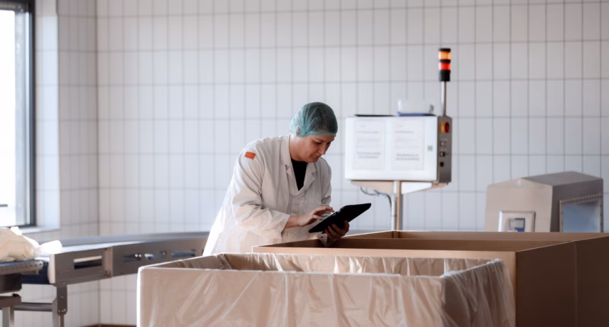 Un employé effectue un contrôle qualité dans une salle de production stérile à l'aide d'une tablette.