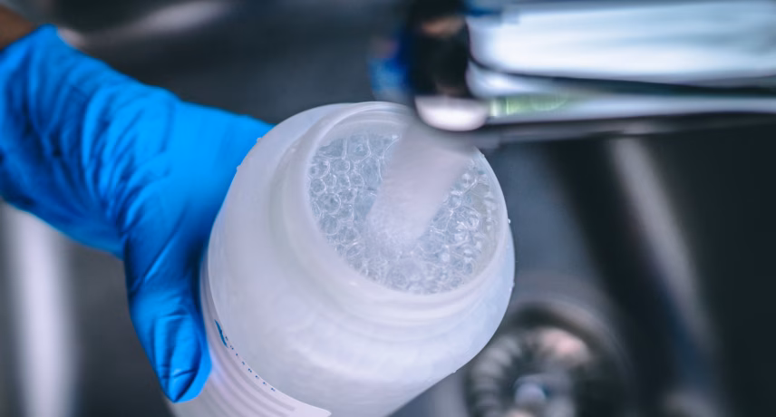 A person wearing blue sterile laboratory gloves is holding a flask while it is being filled with tap water.