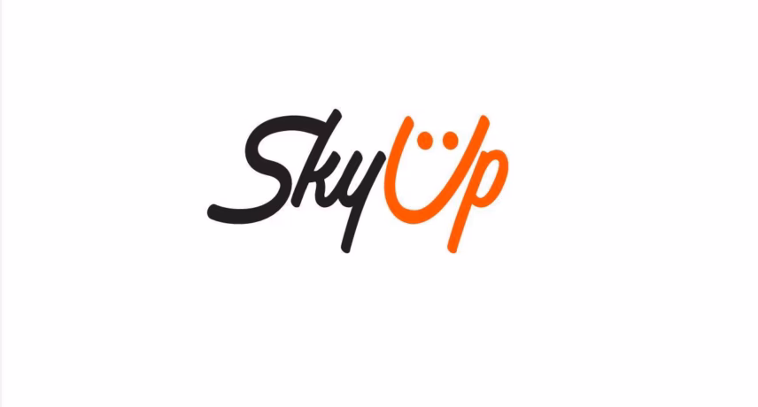 SkyUp Airlines logo featuring black and orange lettering on a light background.