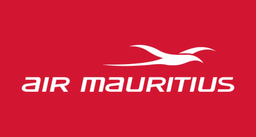 Air Mauritius logo in white on a red background.