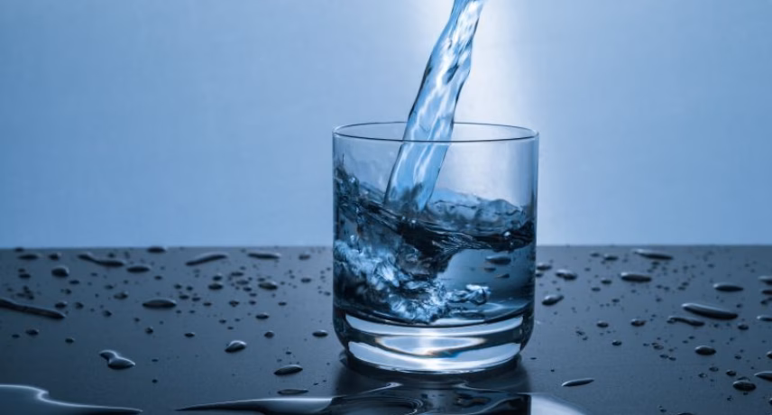 Water wordt in een glas geschonken op een nat oppervlak met zichtbare waterspetters.