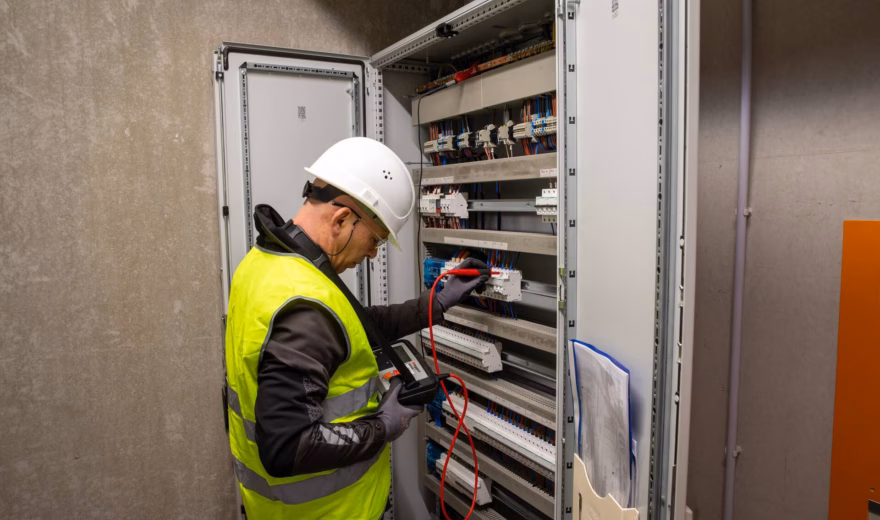 Een technicus voert metingen uit aan een elektrische installatie in een geopende schakelkast.