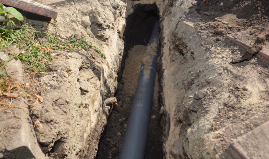 Une canalisation en plastique gris repose dans une tranchée étroite creusée entre la terre et les gravats. L'image montre des travaux sur des infrastructures souterraines, telles que les égouts, le drainage ou les réseaux de services publics, avant le remblayage de la tranchée.
