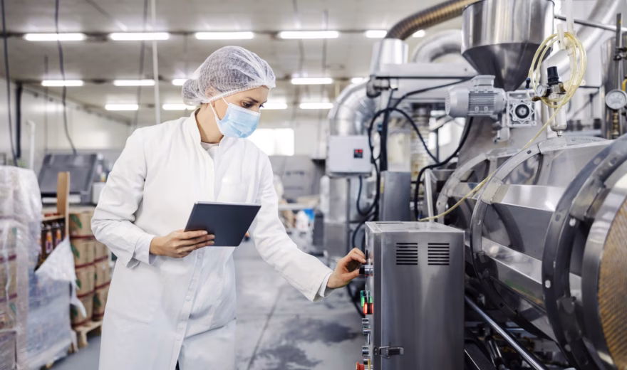 A quality control worker inspects an industrial production line at a food processing plant using a tablet and personal protective equipment.