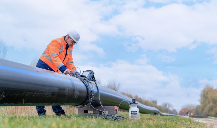 A man is inspecting a large pipe in a grassy field, wearing a reflective jacket and a safety helmet.