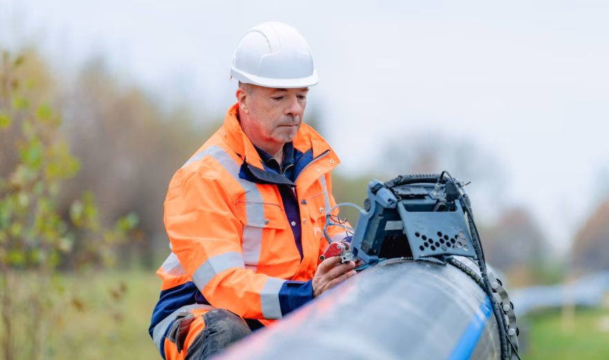 Man wearing an orange safety jacket and white helmet inspecting a large pipeline outdoors at an industrial site.