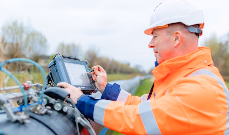 Medewerker voert een veldmeting uit met een draagbaar meetinstrument bij een industriële installatie in de buitenlucht.