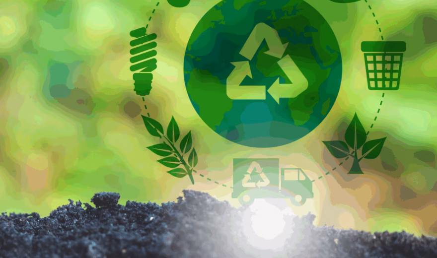 Recycling-Symbol über der Erde mit Piktogrammen für Nachhaltigkeit und Abfallwirtschaft
