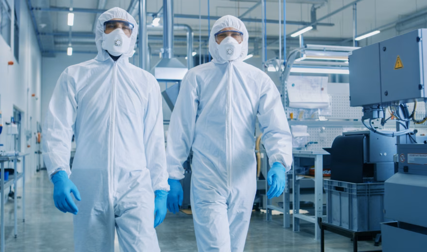 Two Engineers/ Scientists in Hazmat Sterile Suits Walking Through Technologically Advanced Factory/ Laboratory. Clean High-Tech Environment with CNC Machinery.