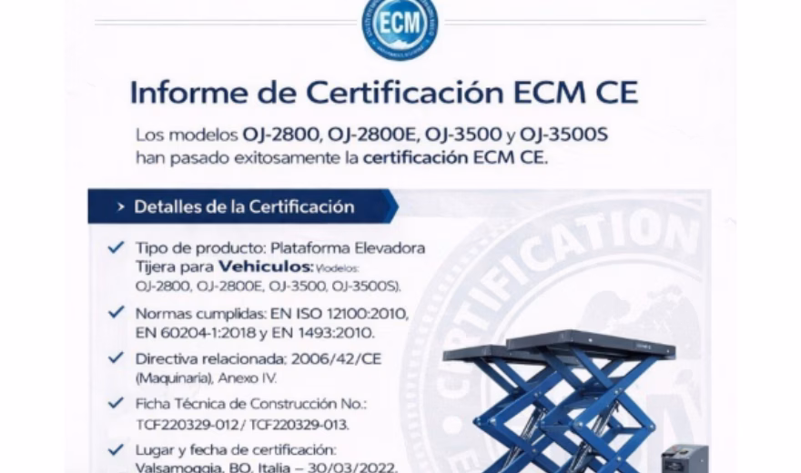 Der ECM-CE-Zertifizierungsbericht wird neben einer Abbildung einer Hubarbeitsbühne dargestellt und hebt die Produktzertifizierung, die Einhaltung der CE-Kennzeichnung, die behördliche Bewertung, die Sicherheitsprüfung sowie die Konformität mit den europäischen Normen für industrielle Hebe- und Zugangsgeräte hervor.