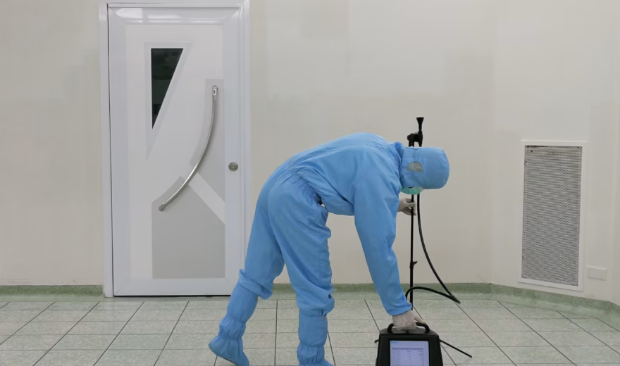 Medewerker in cleanroomuitrusting voert luchtkwaliteitsmeting en hygiënisch onderzoek uit