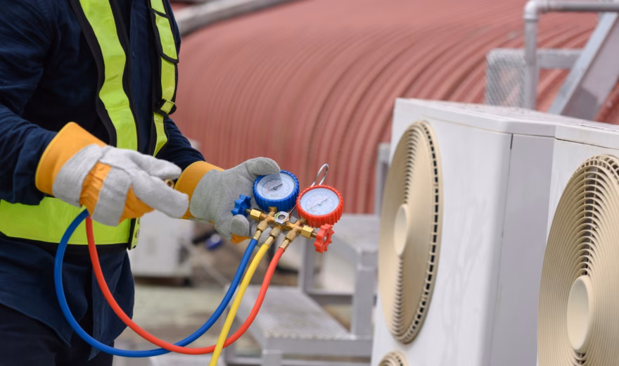 Monteur voert onderhoud uit aan airconditioningunits met behulp van een manifold‑set.