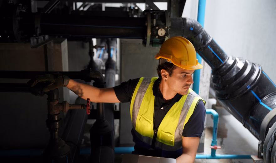 Een medewerker controleert leidingen en afsluiters binnen een technische installatie.