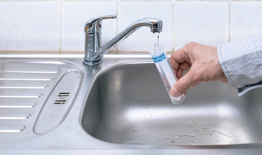 Zur Analyse der Wasserqualität wird eine Wasserprobe aus einem Wasserhahn entnommen.