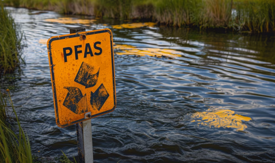 Waarschuwingsbord over PFAS-verontreiniging bij een watergang, gerelateerd aan onderzoek naar waterkwaliteit en milieuverontreiniging.