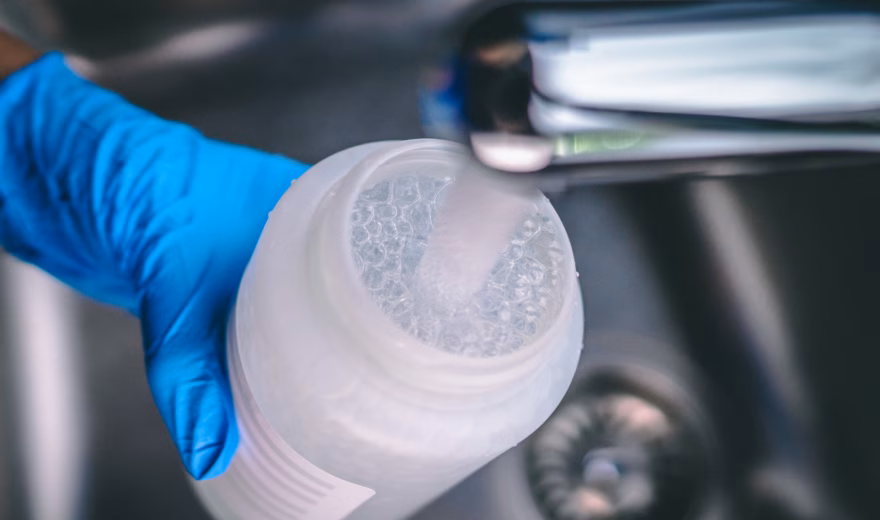 Un échantillon d'eau est prélevé en vue d'une analyse de la qualité de l'eau en laboratoire.