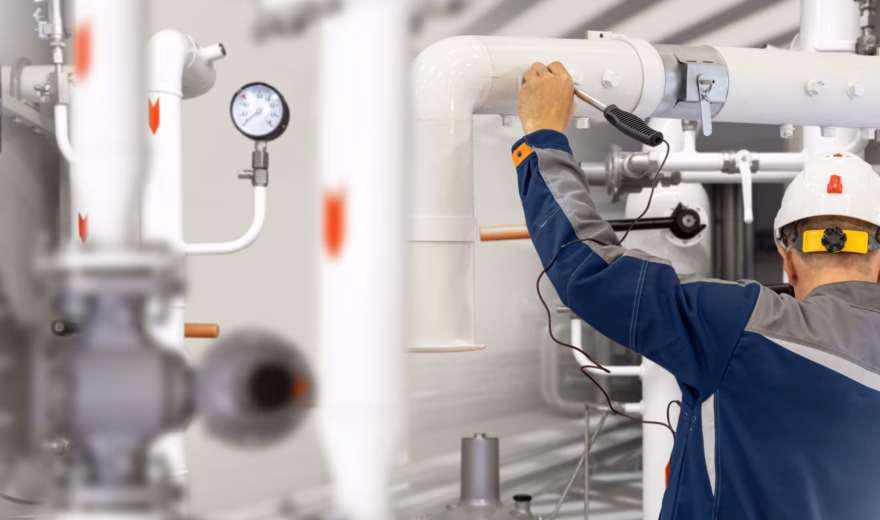 Een technische installatie wordt gecontroleerd met meetapparatuur als onderdeel van inspectie en onderhoud.