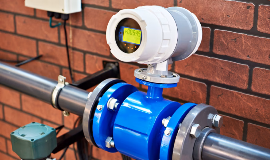 Een digitale watermeter meet en registreert de waterstroom in een leidinginstallatie.