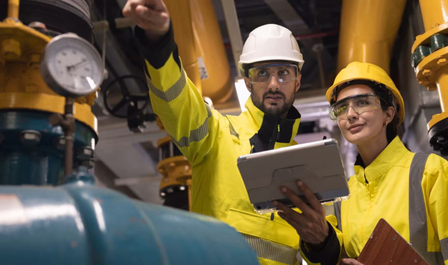Twee medewerkers controleren een industriële installatie en registreren inspectiegegevens met een tablet.