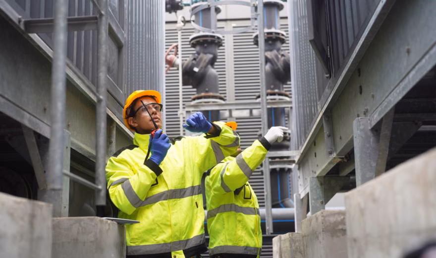 Medewerkers voeren een inspectie uit tussen industriële installaties en leidingsystemen.