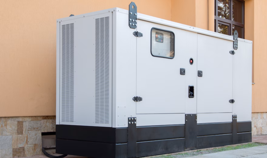 Een omkaste noodstroomgenerator opgesteld naast een gebouw voor betrouwbare energievoorziening.
