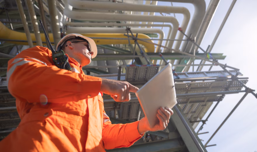 Een technicus voert een inspectie uit bij een industriële installatie met behulp van een tablet.