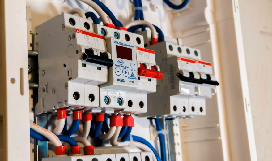 Vue détaillée d'un tableau de distribution électrique avec disjoncteurs et câblage raccordé.