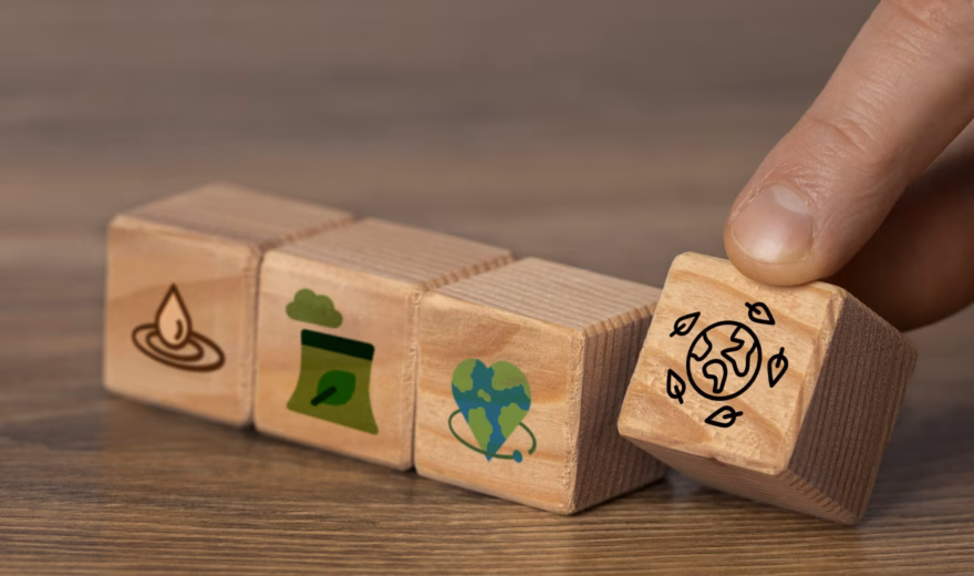 Wooden blocks featuring sustainability symbols illustrate themes related to the environment and corporate social responsibility.