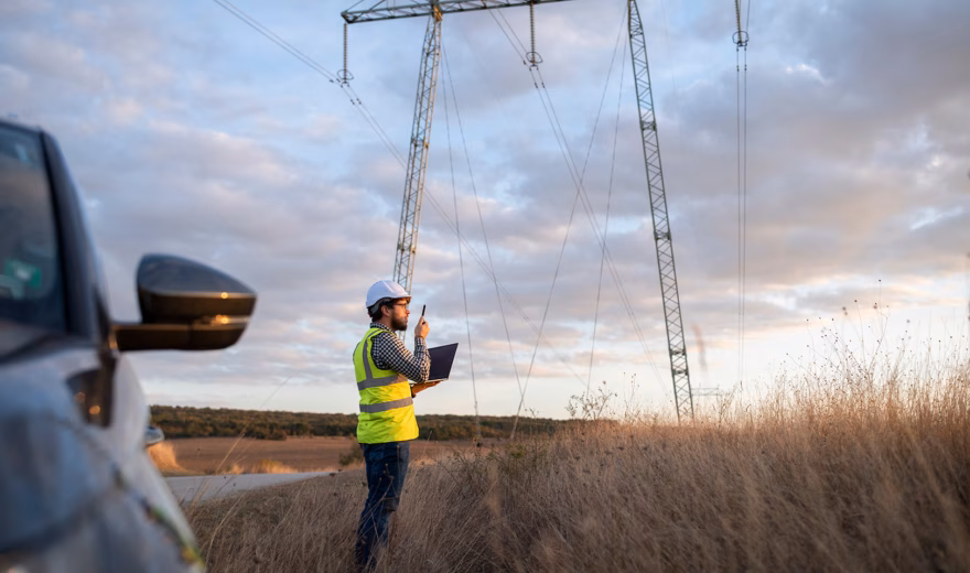 An employee is conducting inspection work near a high-voltage power pole in a rural area.