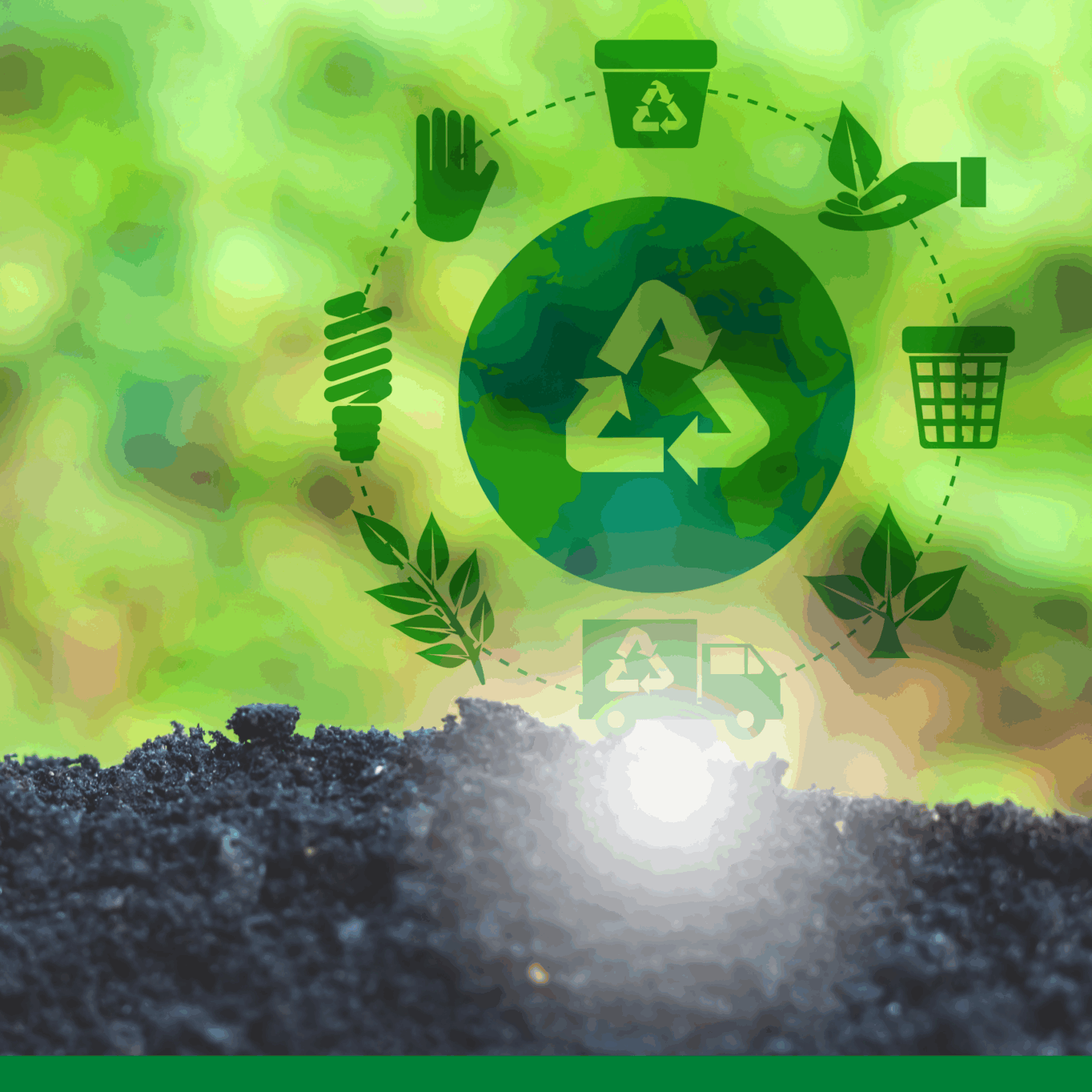 Recycling symbol above the Earth with icons for sustainability and waste management