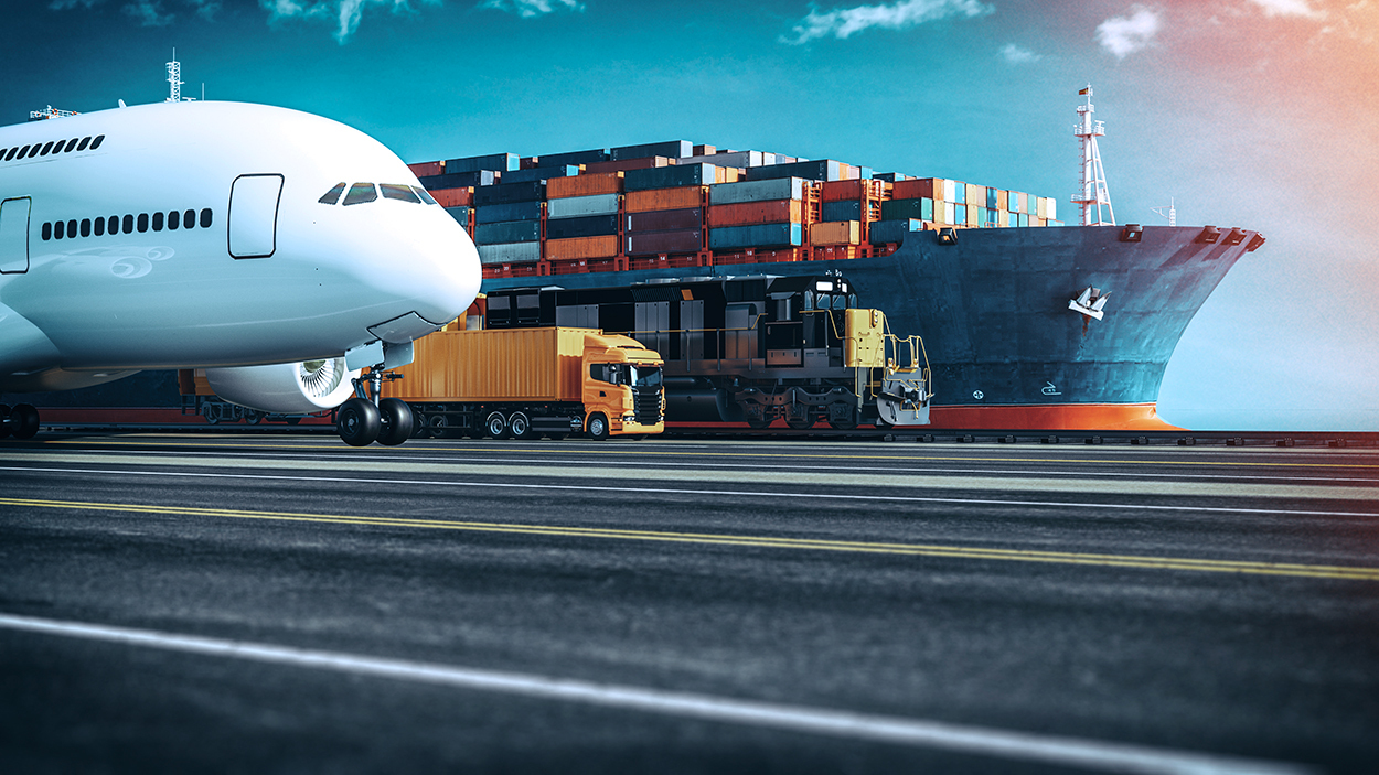 Freight transport by container ship, truck, and airplane in a port logistics environment